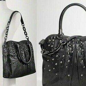 Coach Kristin Studded Black Leather Pleated Satchel Handbag Purse